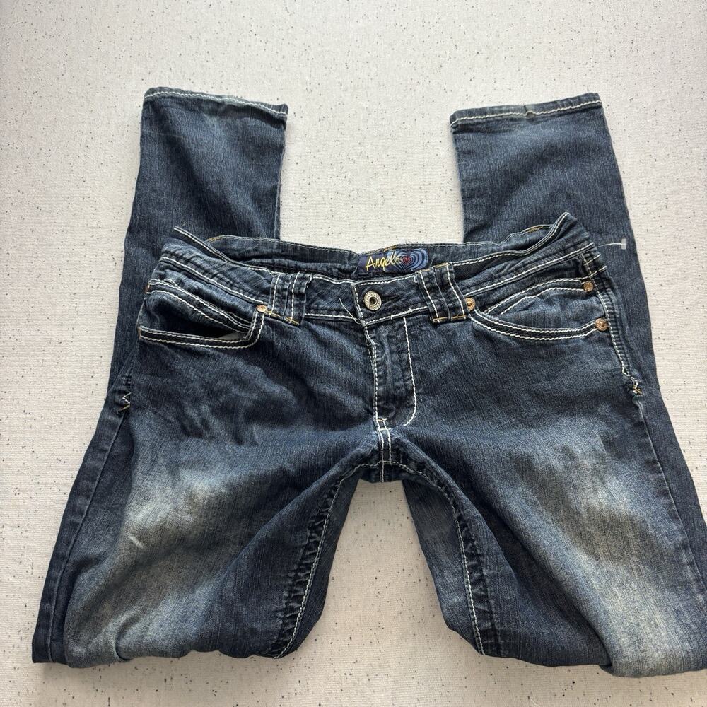 Angels Jeans Womens Size 13 Blue Dark Wash Flap Pocket Thick Stitch Y2K Bootcut